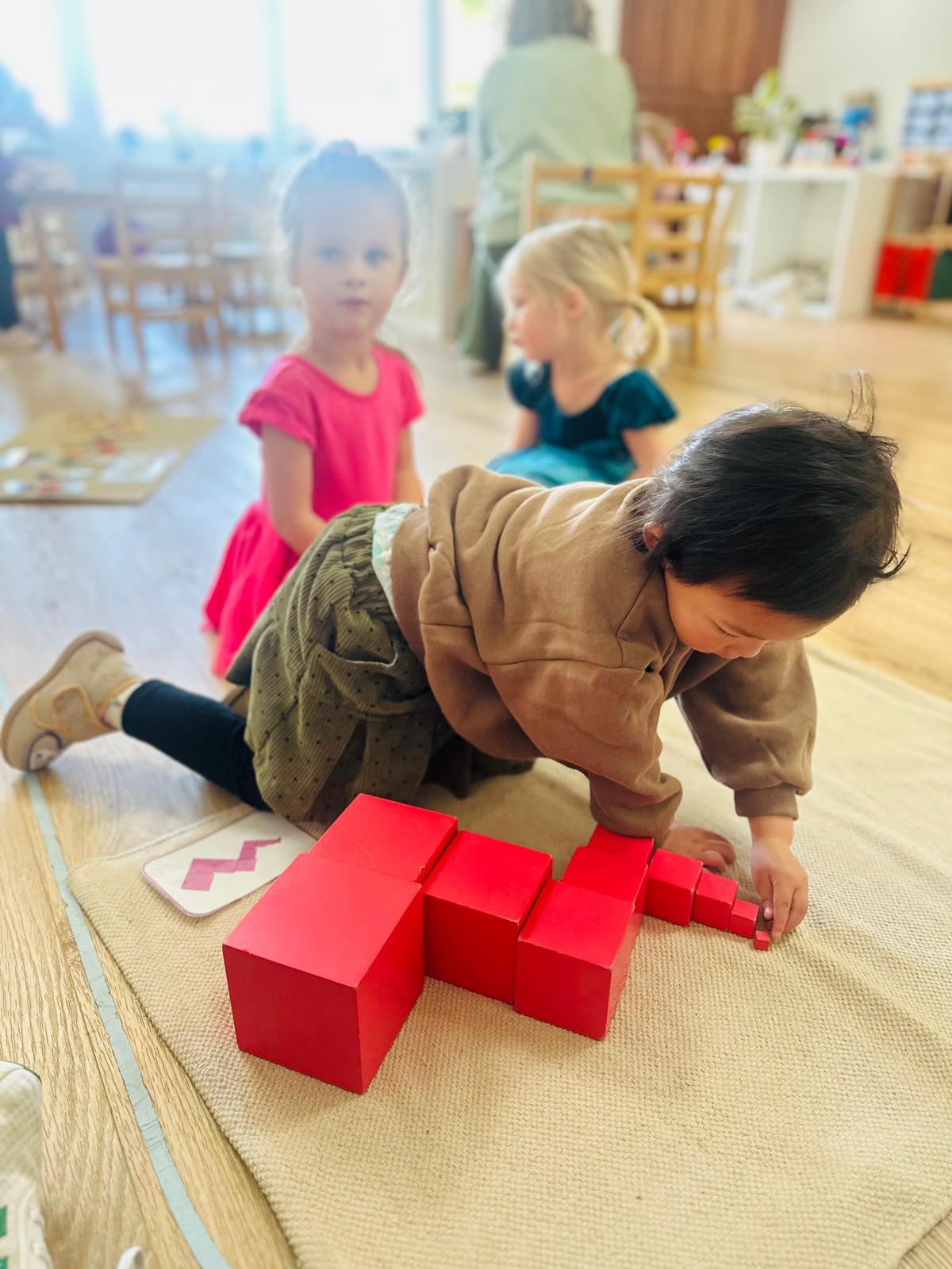 Toddler child working with the Pink Tower using the ten classic wooden cubes laid out in a winding, horizontal format at Shadowridge Montessori School